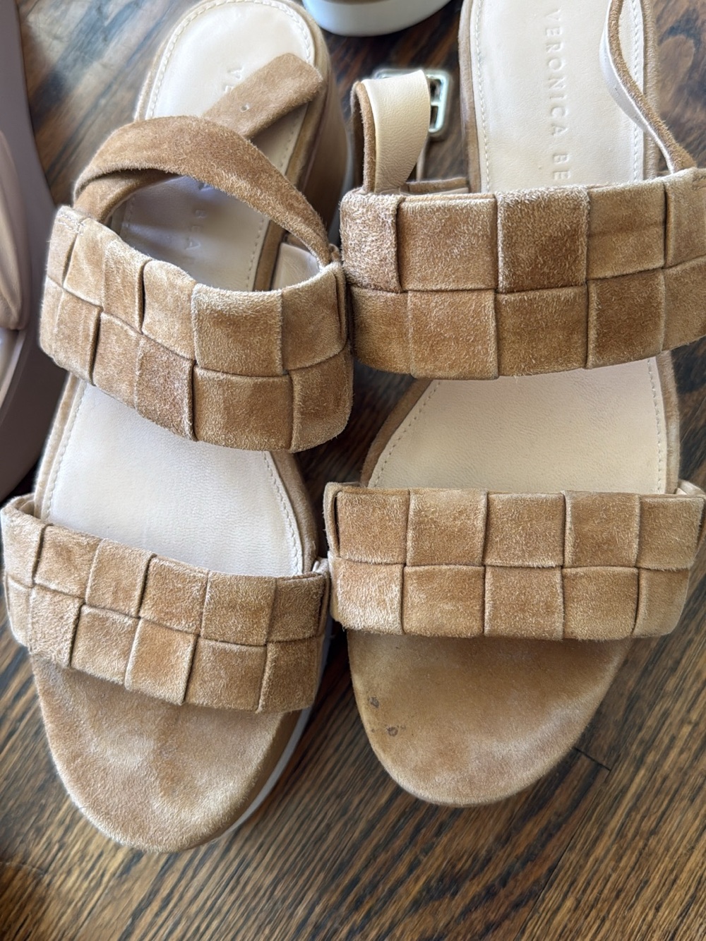 Veronica Beard Camel/Tan Suede Woven-Strap Sandals